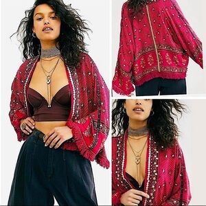 Free people pink kimono fringe cardigan